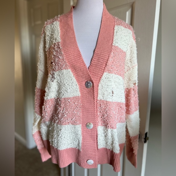 entro Sweaters - Entro Pink & White Striped Textured Knit Cardigan